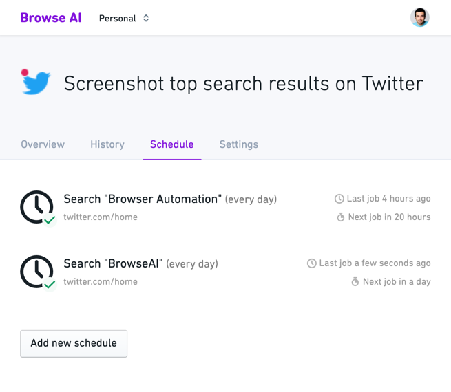 Monitor - Screenshot top search results on Twitter - Browse AI