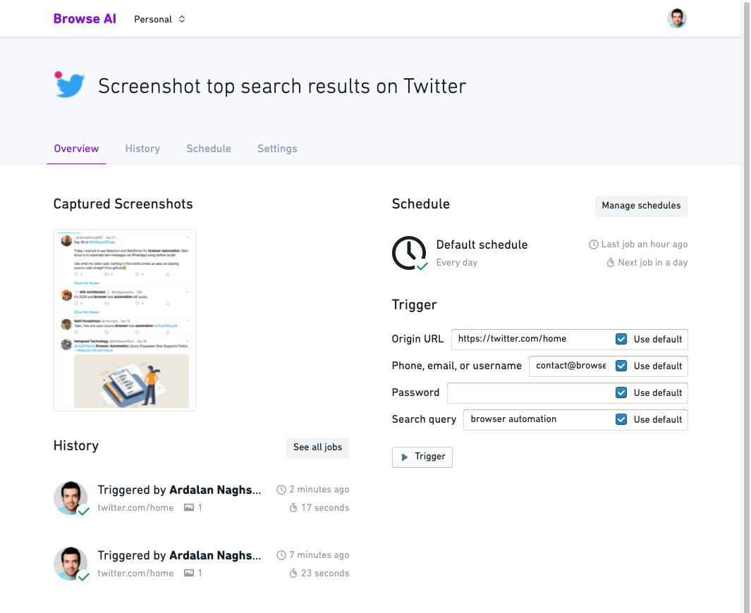Overview - Screenshot top search results on Twitter - Browse AI